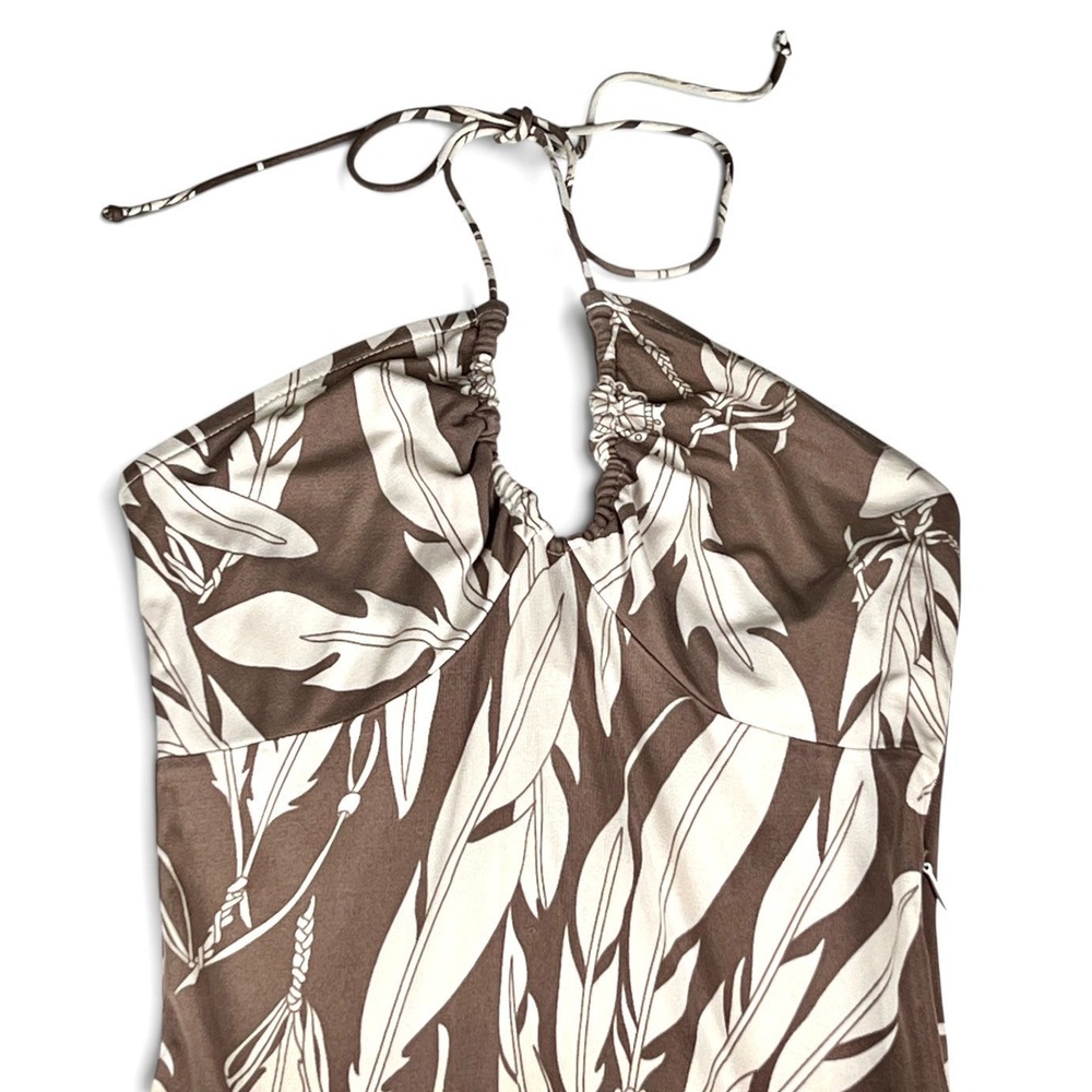 Mara Hoffman Sz Small Jersey Flared Halter Midi Dress Brown Cream Feathers - Picture 3 of 10